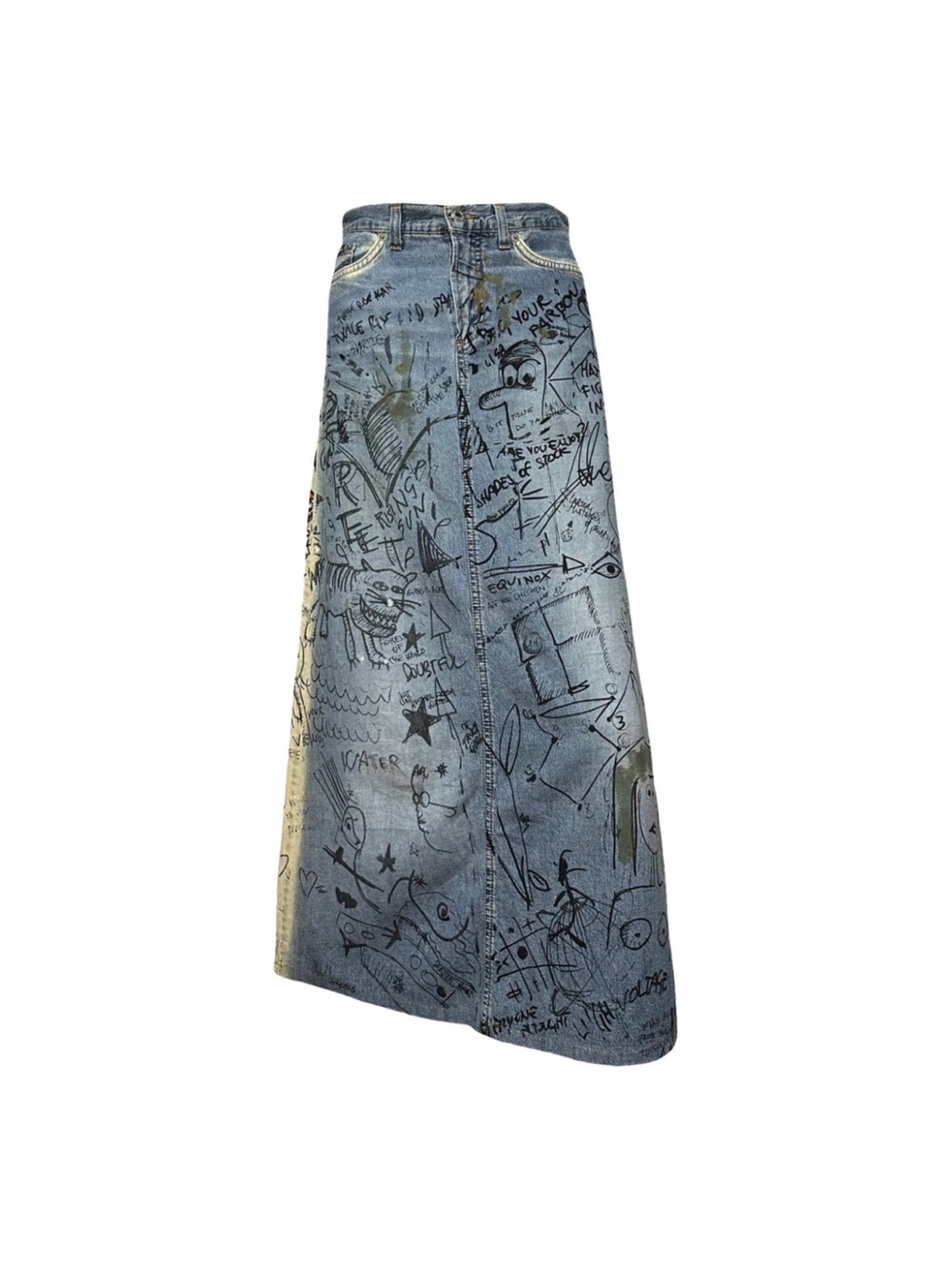 Dolce & Gabbana Denim Maxi Skirt with Black Doodle Print - Blue